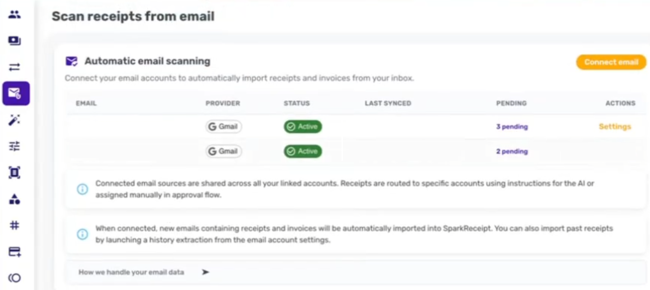 Owner-captured SparkReceipt email-scanning source controls with provider, status, sync, settings, and connection surfaces as captured.