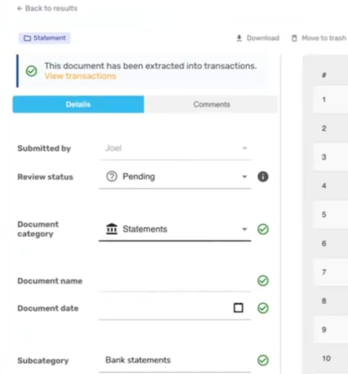 Owner-captured SparkReceipt extracted-document fields with review tabs, category controls, date fields, and page navigation as captured.