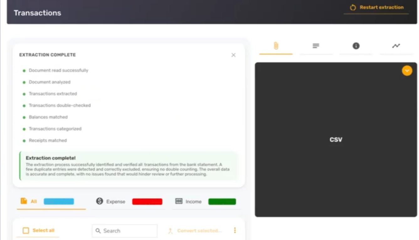 Owner-captured SparkReceipt extraction workspace with checklist, transaction tabs, document preview, and restart control as captured.