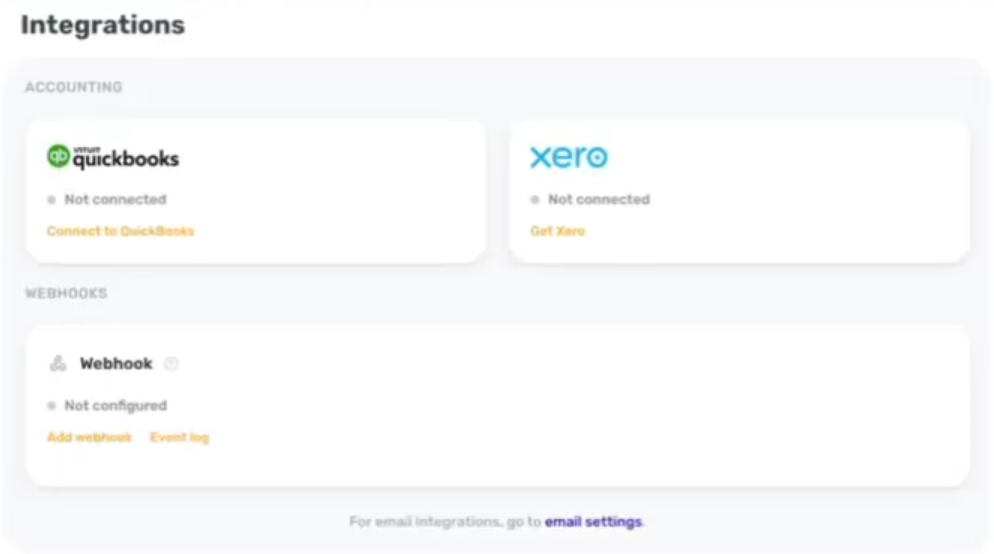 Owner-captured SparkReceipt accounting and webhook entry points with connection cards, add controls, and event-log links as captured.