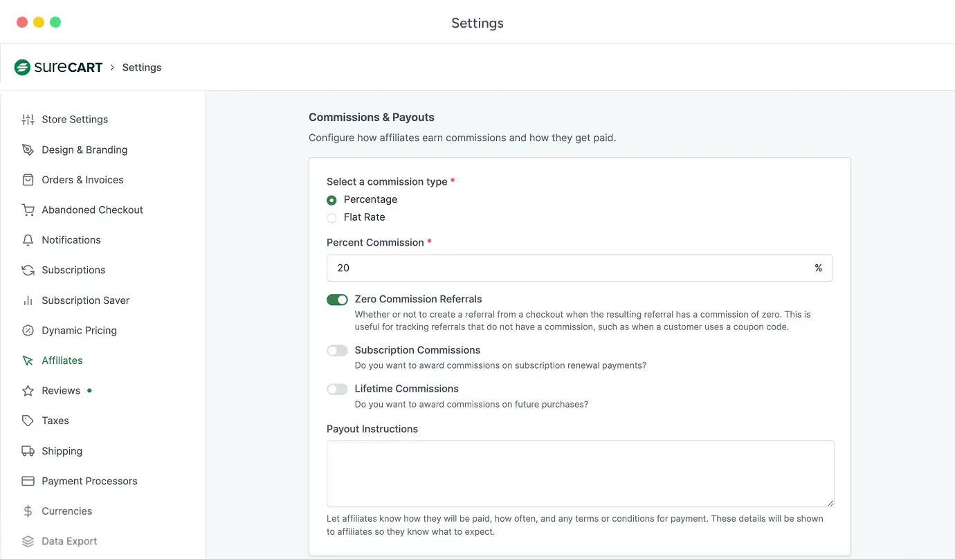 Owner-captured SureCart commission settings with commission type, percent, referral, and payout-instruction fields as captured.