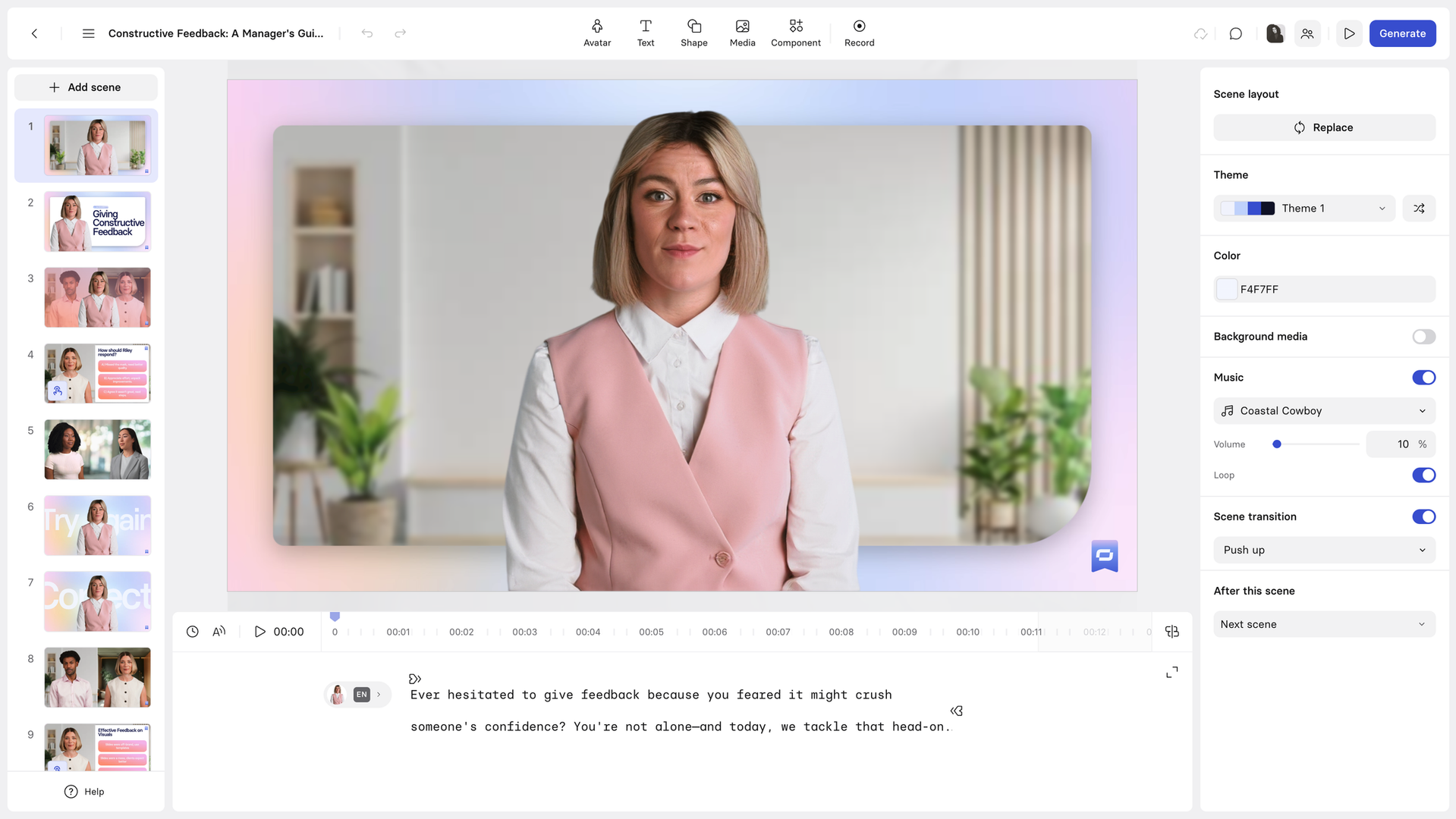 Owner-captured Synthesia video editor with scenes, presenter preview, timeline, script, style, audio, and transition controls as captured.
