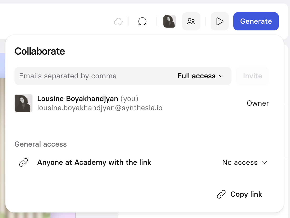 Owner-captured Synthesia collaboration controls with invite, access-level, owner, general-access, and copy-link surfaces as captured.