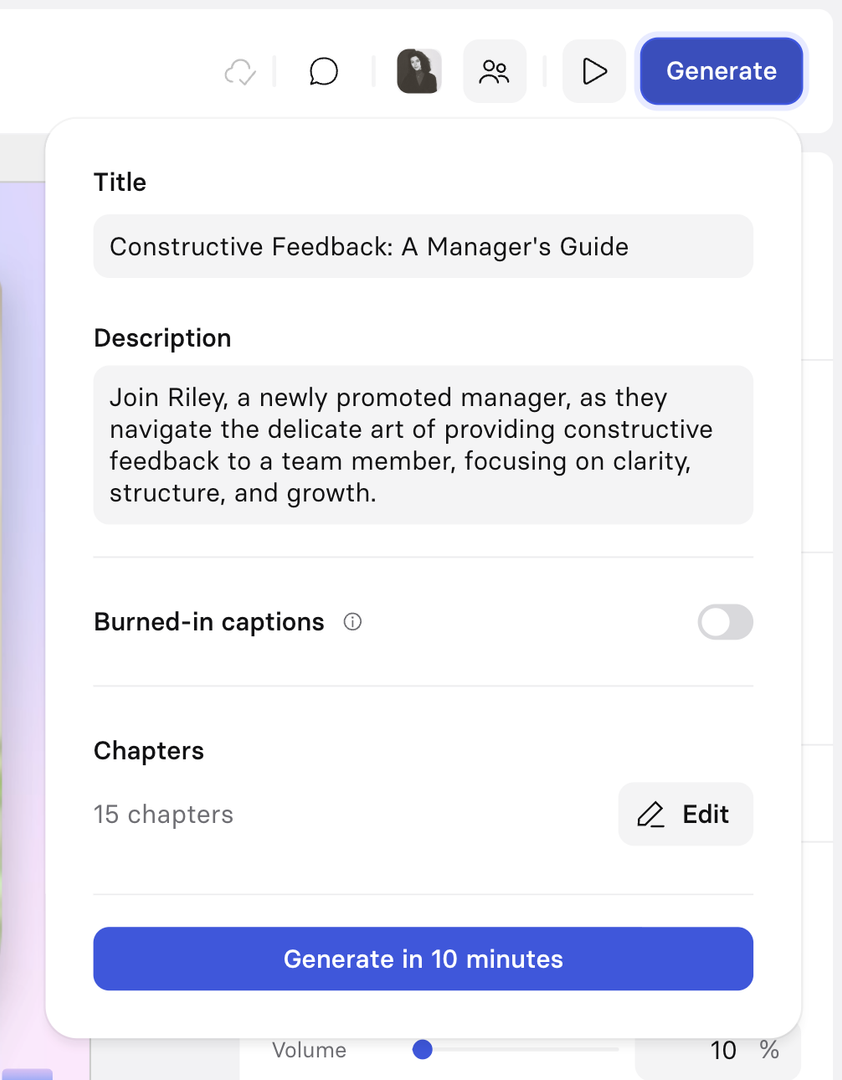 Owner-captured Synthesia generation settings with title, description, caption, chapter, generation, and volume controls as captured.