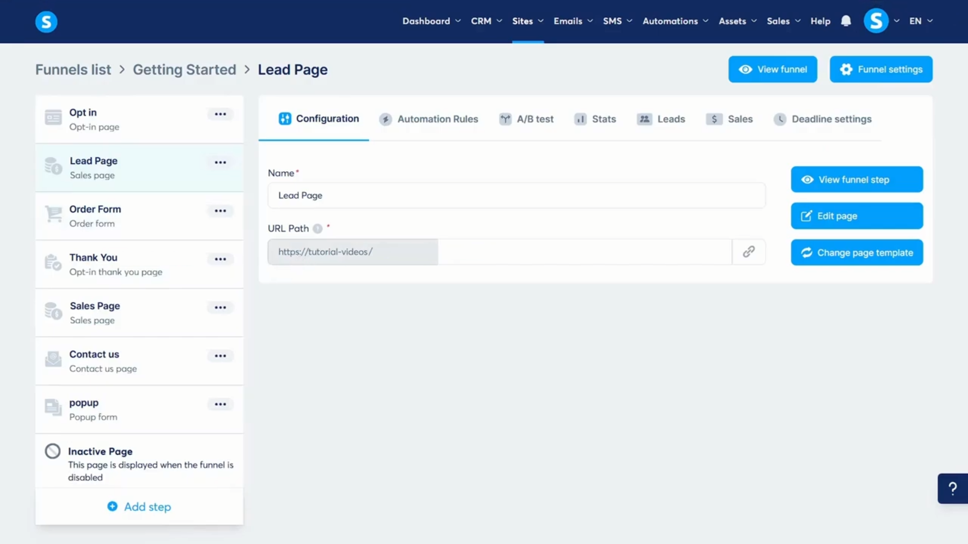 Owner-captured Systeme.io funnel workspace showing page and step controls as captured.