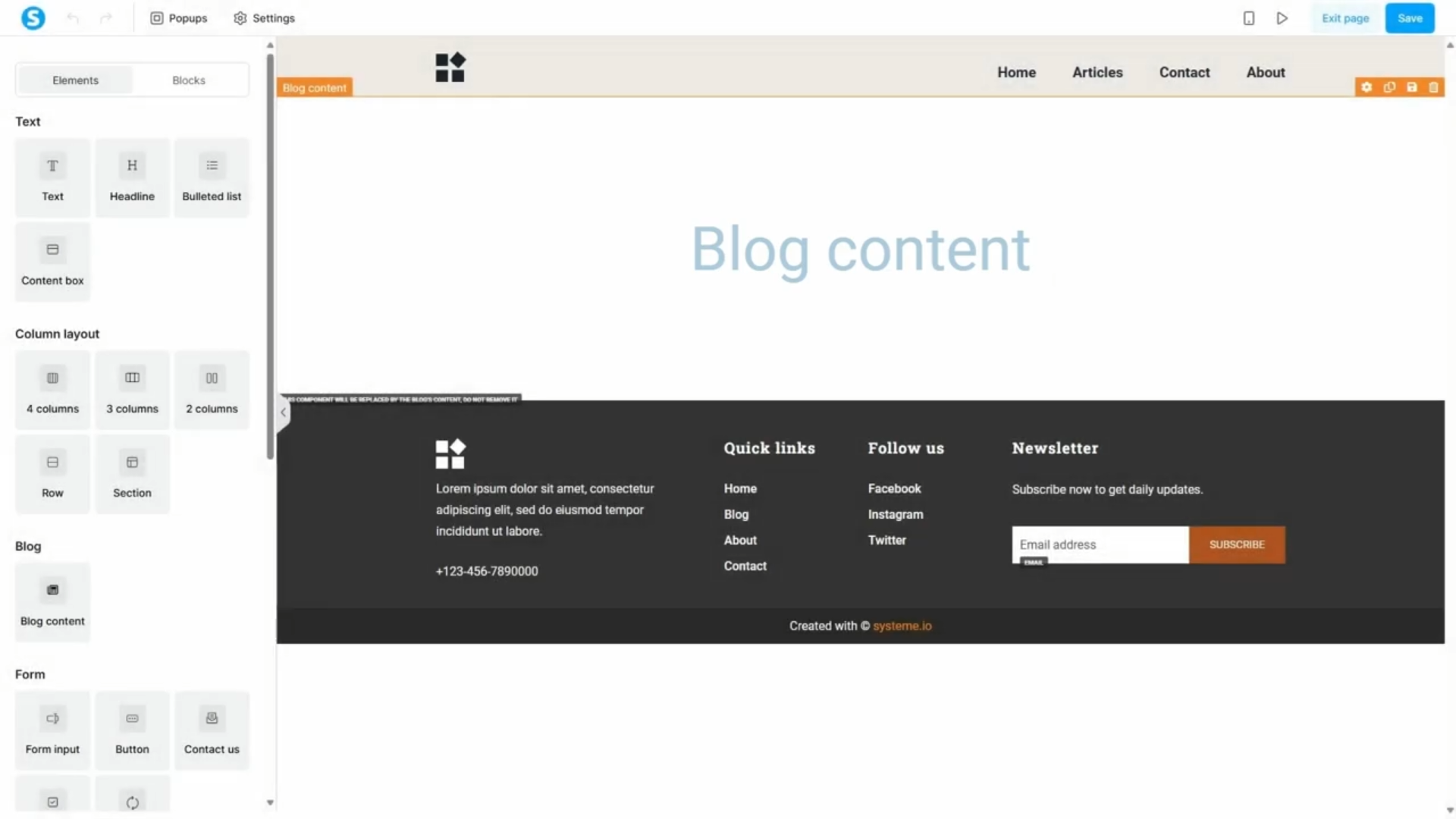 Owner-captured Systeme.io blog-page editor with content and publishing controls as captured.