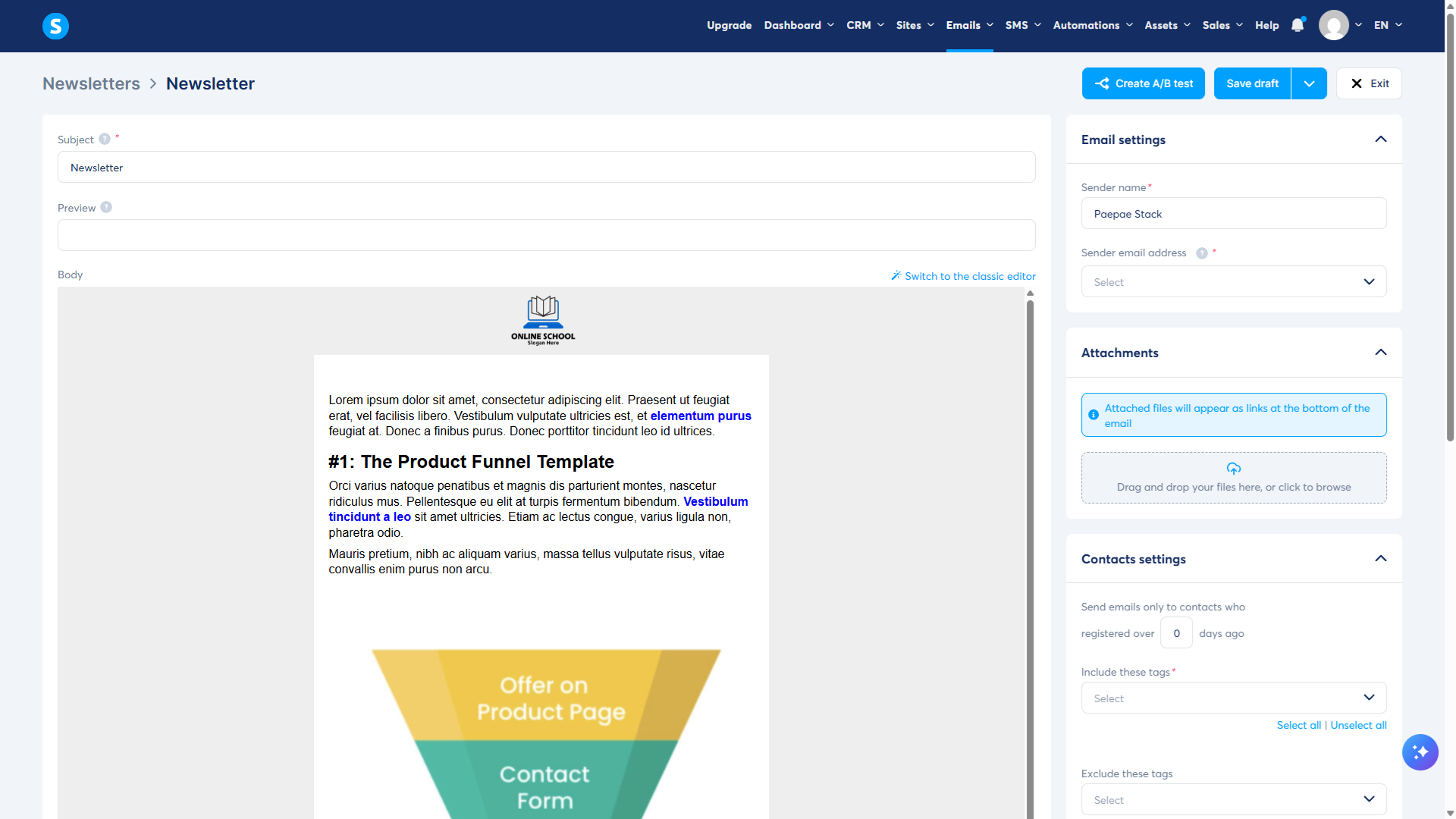 Owner-captured Systeme.io newsletter editor with formatting and message controls as captured.