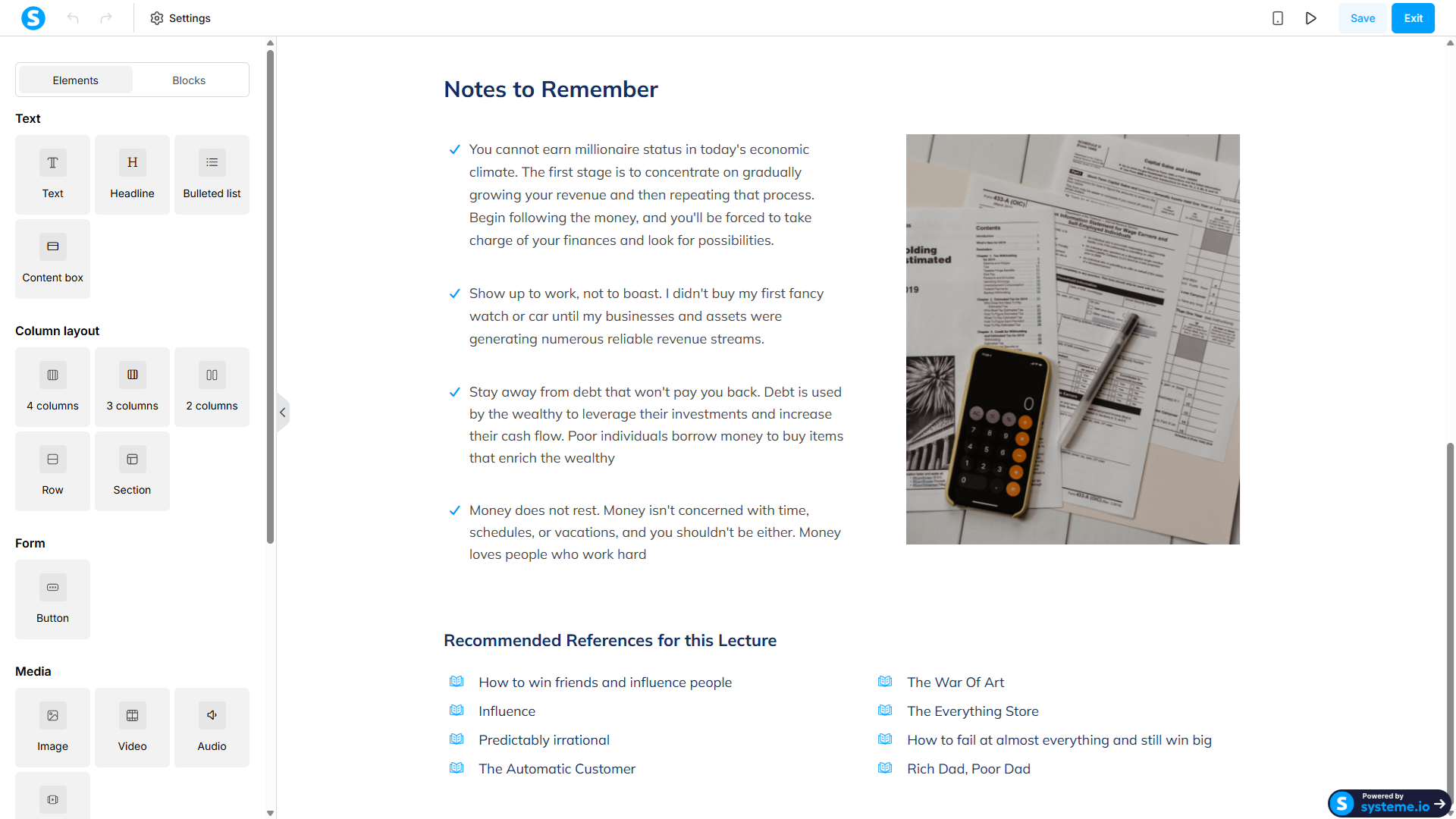 Owner-captured Systeme.io course-page editor with template and content controls as captured.