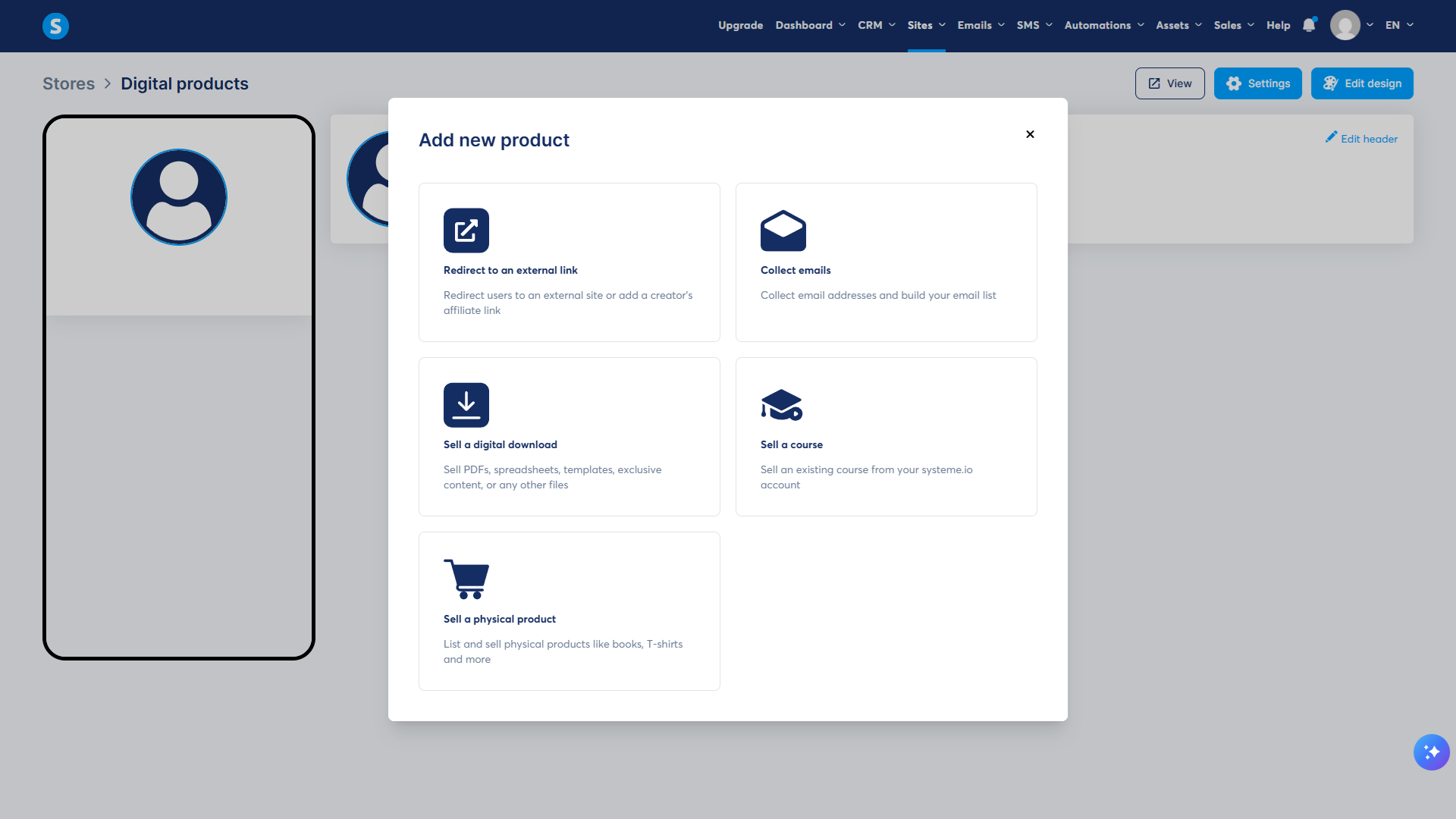 Owner-captured Systeme.io creator-store setup with visible product-type choices as captured.