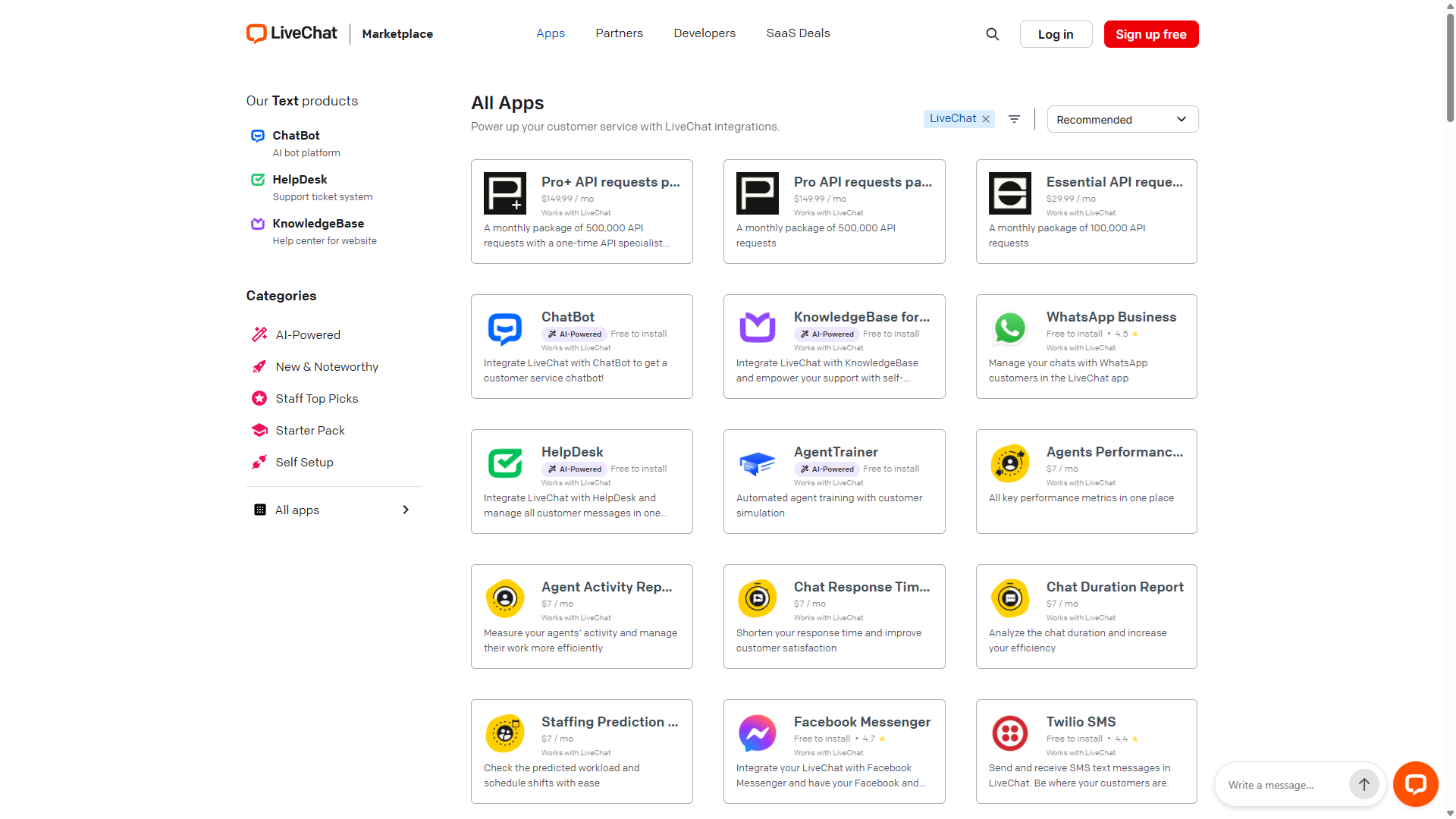 Owner-captured LiveChat marketplace layout preserving search and category controls with app details, prices, ratings, quantities, and claims as captured.