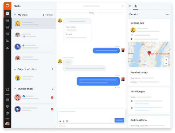 Owner-captured LiveChat workspace layout with vendor example identities, messages, map, location, and visitor context as captured.