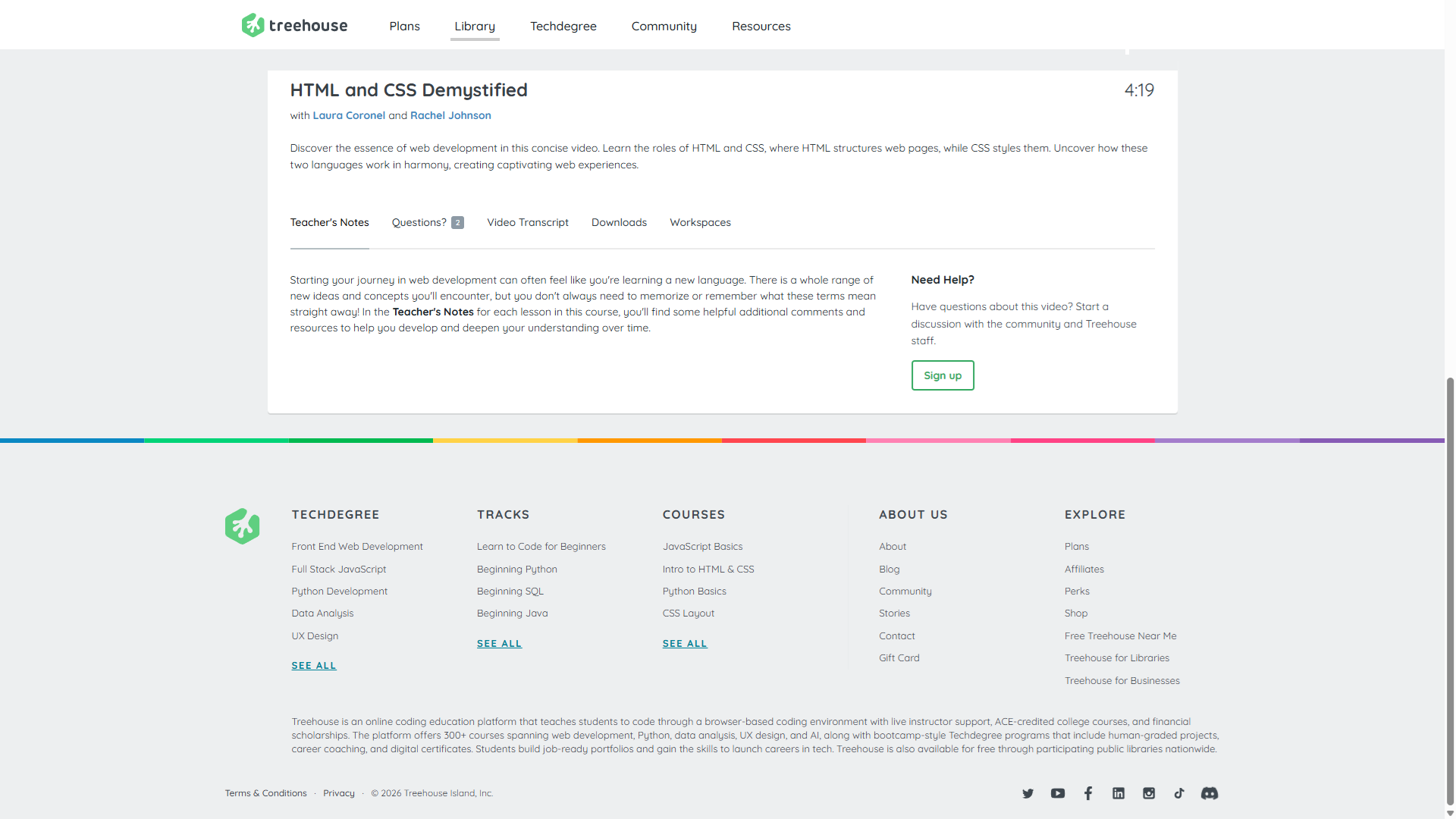Owner-captured Treehouse course overview with summary, topic navigation, duration, sign-up prompt, and footer controls as captured.