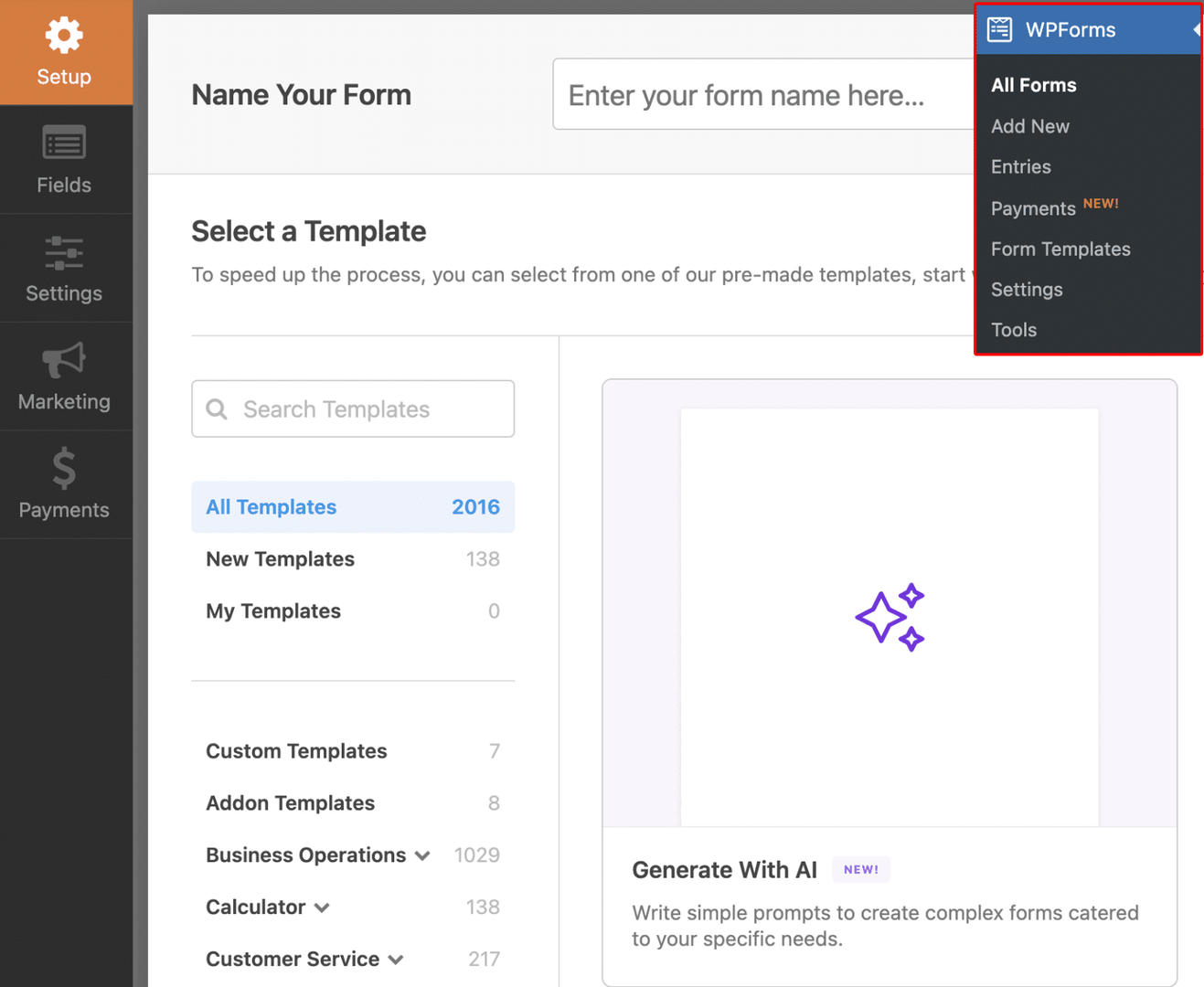 Owner-captured WPForms template setup with form naming, search, categories, generation, and WordPress navigation surfaces as captured.