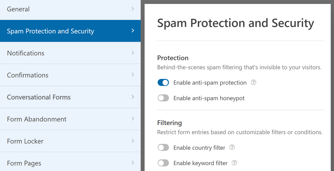 Owner-captured WPForms settings with anti-spam, country-filter, and keyword-filter controls as captured.