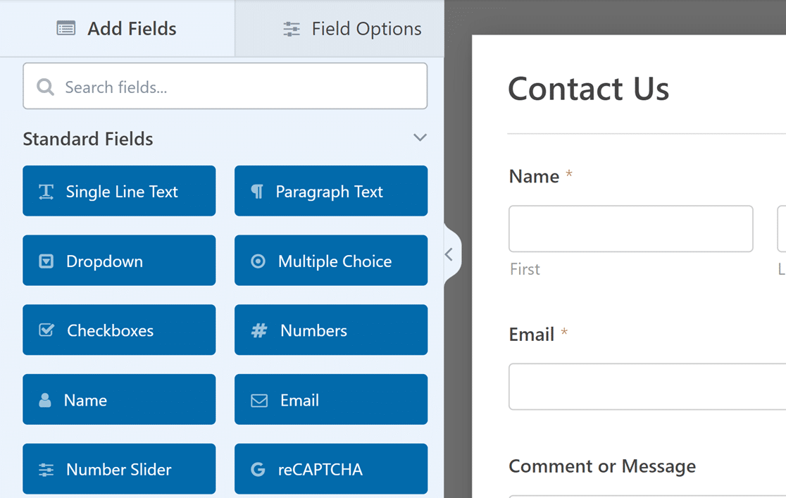 Owner-captured WPForms field builder with field tabs, search, standard field choices, and form preview as captured.