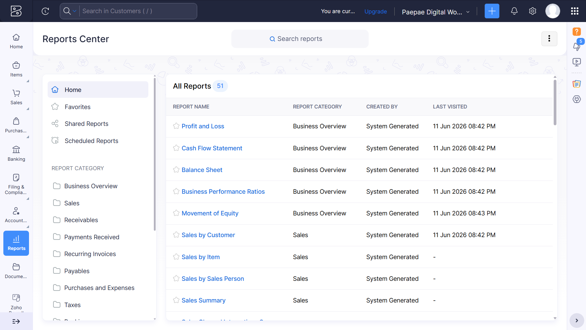 Owner-captured Zoho Books reports center with search, category filters, navigation, and report entries as captured.