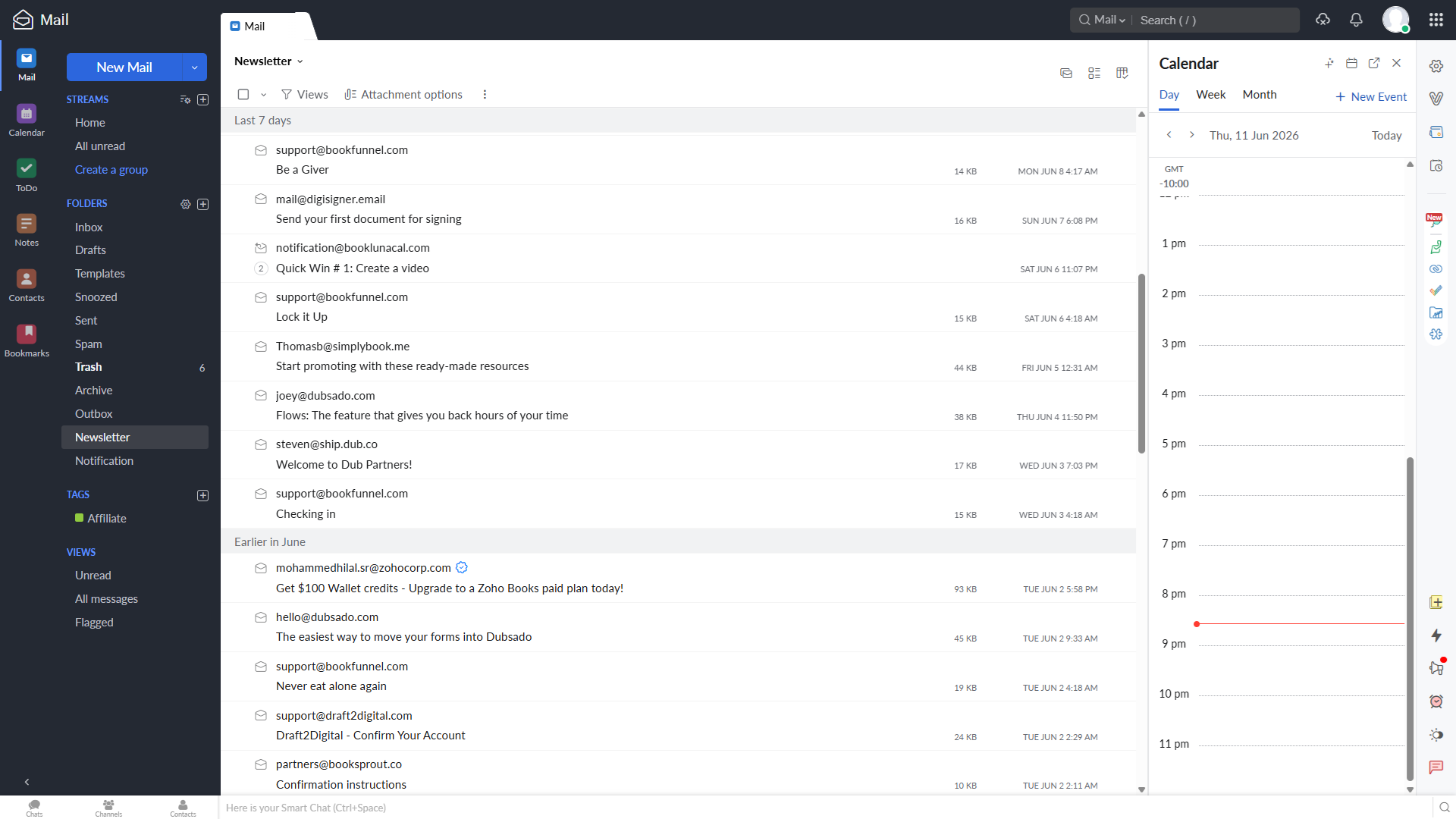 Owner-captured Zoho Books mail and calendar view with folders, tags, search, message list, and day layout as captured.